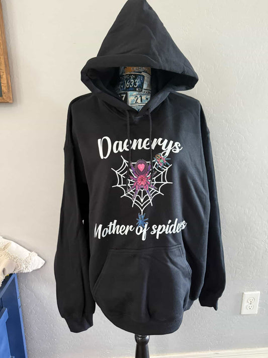 Black “DaenerysMotherOfSpiders” hoodie (white writing)